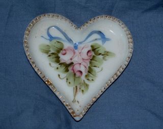 Vintage Heart Shaped Hand Painted Rose Floral Milk Glass Dresser Pin Tray Dish