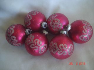 Set 6 Vtg.  Shiny Brite Hot Pink Blown Mercury Glass Ornaments W/ Glitter Trim