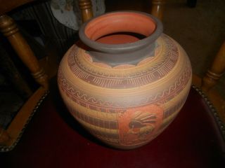 Large Vintage Navajo Art Pottery Vase Intricately Etched Signed A.  Joe 9 Inches