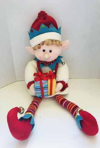 Rare 22” Colorful Plush Christmas Elf Stuffed Doll W/gifts And Bells Toy Decor