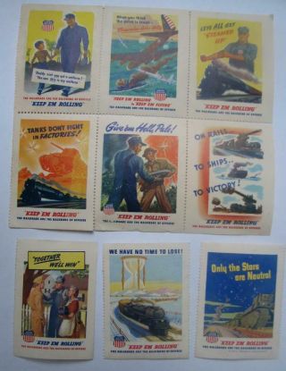 9 Vtg Keep Em Rolling Union Pacific Railroad Cinderella Poster Stamps