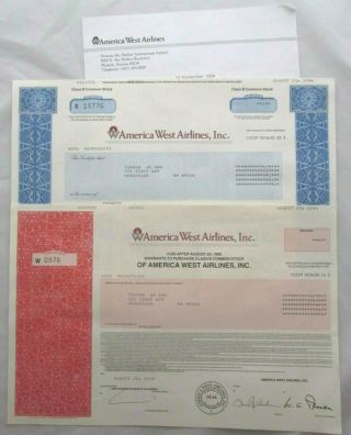 Vintage 2 America West Airlines Class B Certificates Of Stock Shares Aug 1994