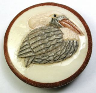 Bb Hand Carved Button Pelican Bird Set In Wood Design - 1 & 1/2 "