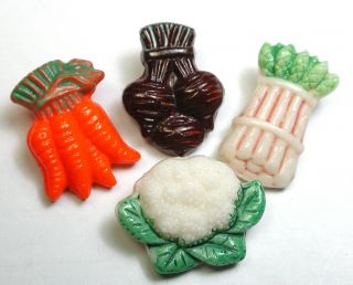 Bb Vintage Glass Button Set Of 4 Realistic Vegetables About 3/4 " 1930s