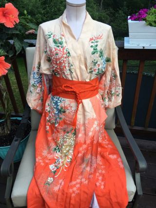 Vintage 100 Silk Orange White Floral Japanese Kimono / Long Robe Reversible
