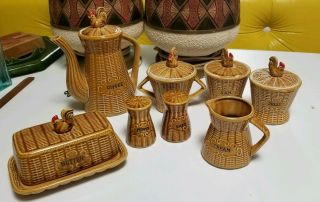 8 Pc Vintage Japan Ceramic Basket Weave Rooster Table Set Butter Jam Cream Salt