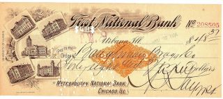 1899 First National Bank Check Urbana,  Il 2c Doc Stamp Univ Of Il Vignette