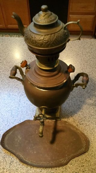Brass Antique Samovar With Tray & Tea Pot
