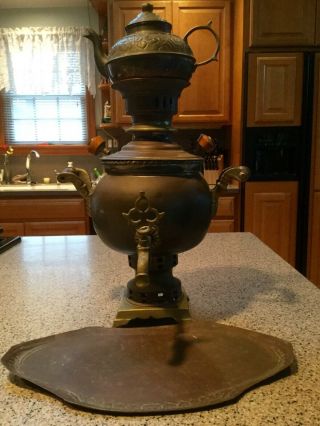 Brass Antique Samovar With Tray & Tea Pot 2