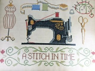 Vintage Cross Stitch Picture A Stitch In Time Thread Pin Cushion Sewing Machine