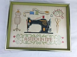Vintage Cross Stitch Picture A Stitch In Time Thread Pin Cushion Sewing Machine 2