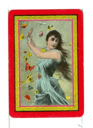 Single Vintage Old Wide Playing Card " Butterfly Girl " Red Border