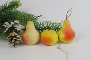 4 Vintage Spun Cotton Christmas Ornaments,  Apple,  Pears,  Pine Cone