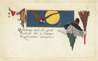 Gibson Halloween Greetings Postcard W Witch / Full Moon / Flying Owl / 1918