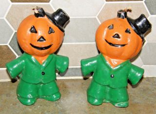 Vintage Gurley ? Pair Halloween Candles Scarecrow Pumpkin Head Man Cute Kitschy