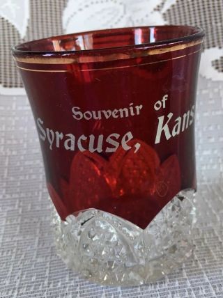 Antique Syracuse,  Kansas,  Souvenir Ruby Red Flashed Pattern Glass Tumbler