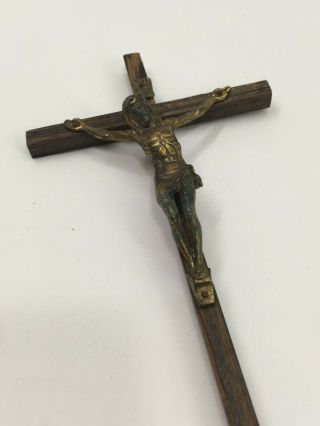 Antique Wall Cross Jesus Christ In Brass With Wood Crucifix