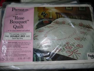 Vintage Paragon Cross Stitch Embrodery Quilt Top Kit " Rose Bouquet "