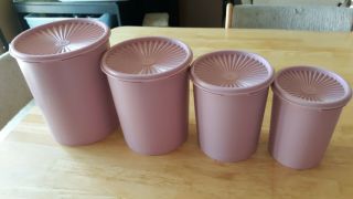 Vintage Set Of 4 Tupperware Pink Mauve Dusty Rose Servalier Canisters With Lids