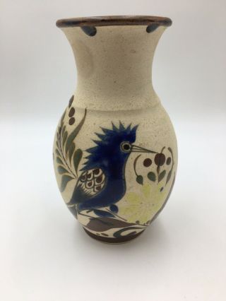 Sandstone Hand Painted Floral Bird Mexico Signed Art Pottery Vase