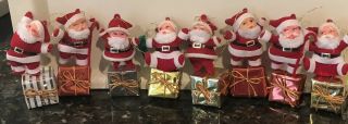 Set Of 8 Vintage Flocked Santa Claus’ On Gifts Christmas Tree Ornaments 4.  5”