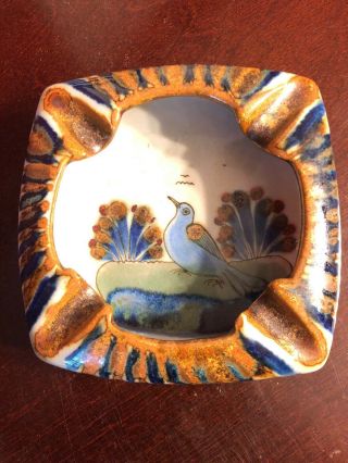 Vintage Ken Edwards Mexico Drip Glaze Pottery Heart - Shaped Ashtray With Bird