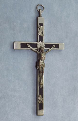 Antique German Pectoral Crucifix Skull Cross Bones 6.  5 - Inch Ebony Nickel Silver
