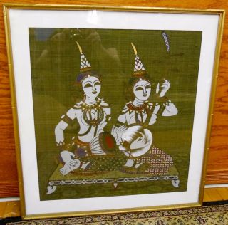 Vintage 22 " Framed Burmese Painted Linen Musician Sitar Hindu Temple Painting