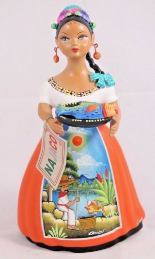 Lupita Najaco Ceramic Doll/figurine Mexican Folk Art Platter W Fish Decor Orange