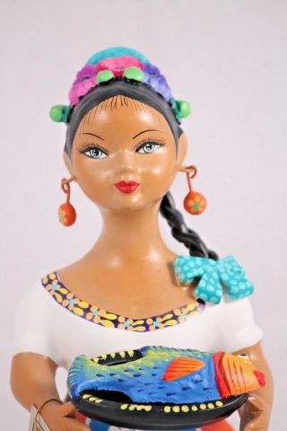 Lupita NAJACO Ceramic Doll/Figurine Mexican Folk Art Platter w Fish Decor Orange 2