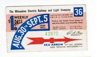 Milwaukee Railway Transit Ticket Pass August 30 - September 5 1936 Red Arrow Vet