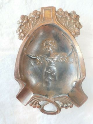 Vintage Antique Art Deco Brass Bronze Ashtray W/ Victorian Flapper Girl Decor