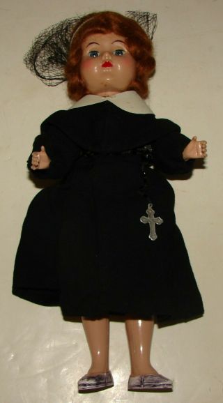 Vintage Postulant Nun Doll With Black Habit & Mesh Veil W/ Rosary 12” Tall