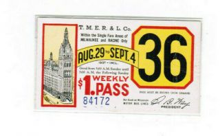 Milwaukee Railway Transit Ticket Pass August 29 - September 4 1937 Weekly Permit