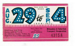 Milwaukee Railway Transit Ticket Pass August 29 - September 4 1954 Weekly Permit