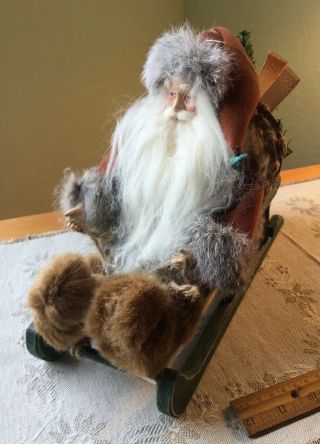 Santa Claus Figurine In Sleigh Sled Skis Snowshoes North Woods 13” Christmas
