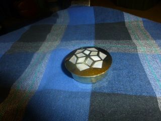 Brass W/ Snow Mother Of Pearl Inlay Snuff Pill Box Tin 1 7/8 " Cute Nos India