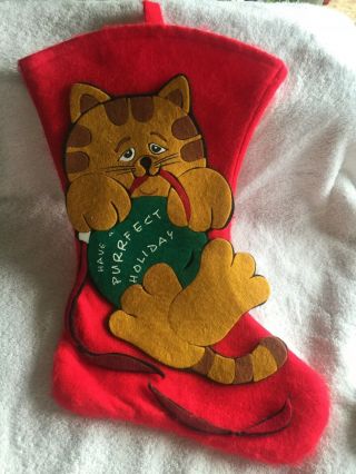 Vintage Felted Cat Christmas Hanging Stocking 17”