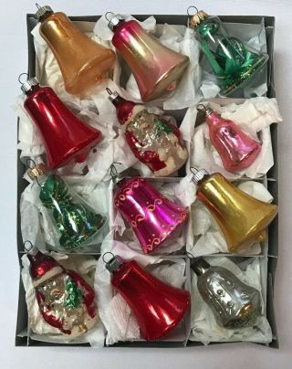 Box Of Glass Bells & 2 Vintage Santa Claus Christmas Tree Ornaments 2 - 3”