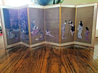 Vintage Asian Japanese Folding Table Screen Geisha Scenes 7 " 6 Panels Has Dog