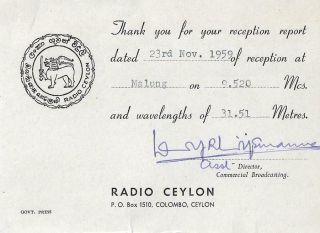 1959 Qsl: Radio Ceylon,  Colombo,  Ceylon (today Sri Lanka)