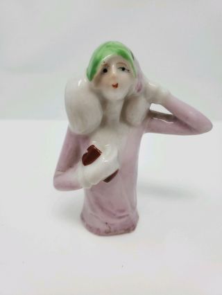 Vtg.  3.  5 " Porcelain Art Deco Pincushion Half Doll Cloche Hat Fur Collar Flapper