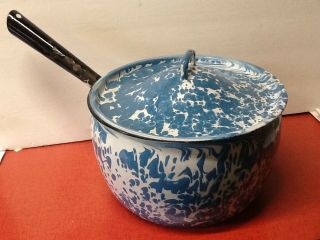 Vintage Blue And White Swirl Granite Ware 6qt Pot