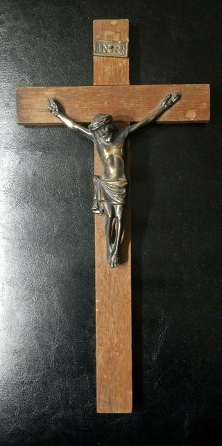 Vintage 1960s Crucifix Wood Cross Bronze Jesus Crucifixion Wall Mount 12 "