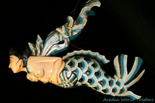 Winged Mermaid Mobile Mother Baby Crib Guardian Bali Art Wood Carving Teal