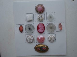 13 Antique Glass Buttons / Pink & White