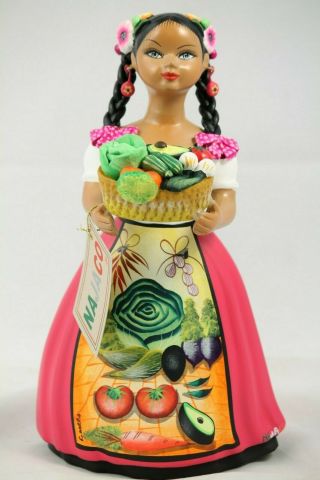 Lupita Najaco Ceramic Doll/figurine Mexican Folk Art Basket/vegetables Fuchsia