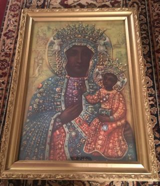 Our Lady Of Czestochowa Huge Vtg Print Gold Frame Poland Black Madonna Mary