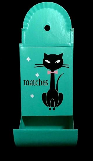 Vintage 50s 60s Metal Aqua Slim Kitty Cat Kitchen Matches Match Box Holder
