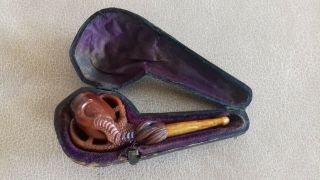 Small Antique Meerschaum Pipe With Amber Stem & Case